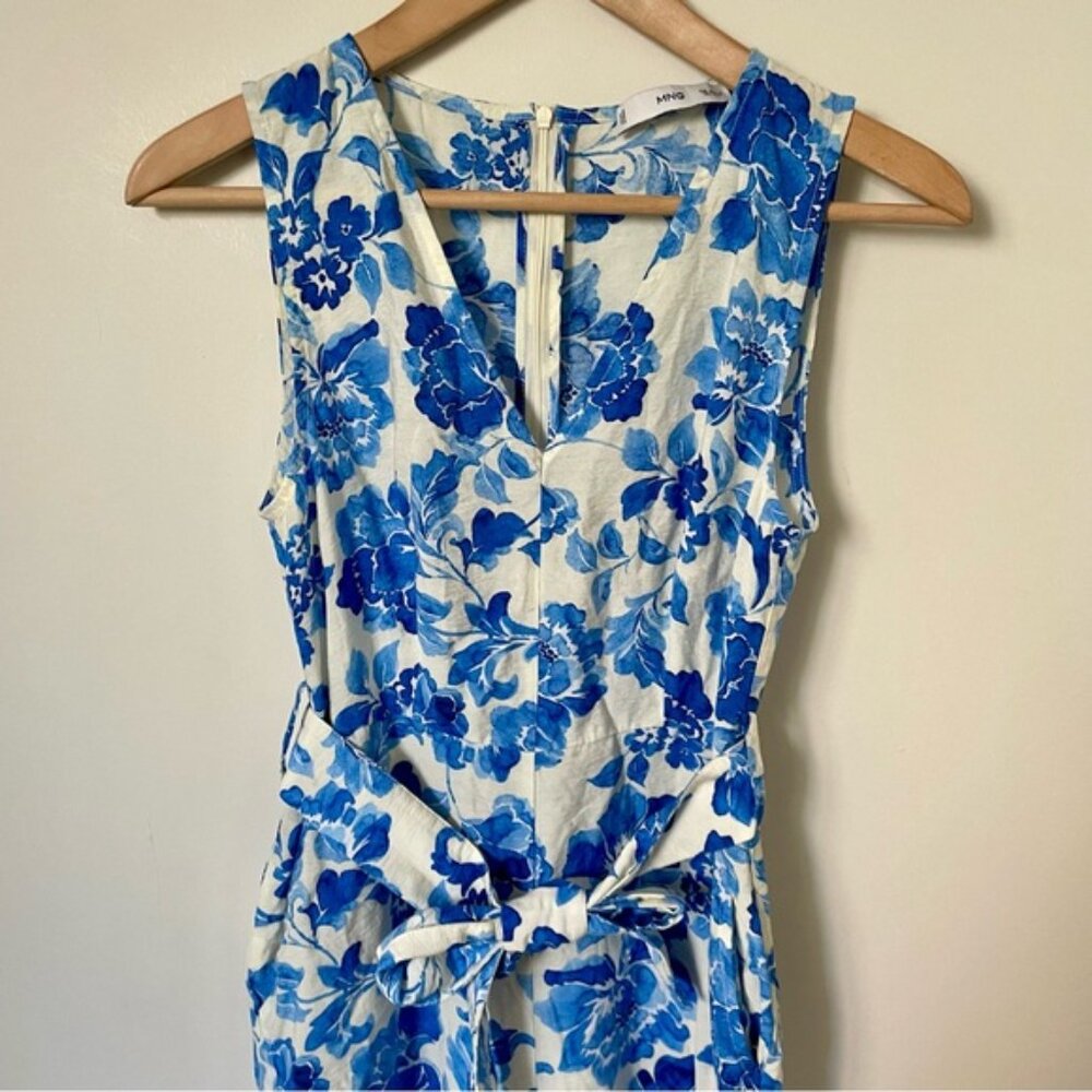 Mango Floral-Print Jumpsuit With Tie Blue and White Print Size Extra Small - Picture 8 of 14